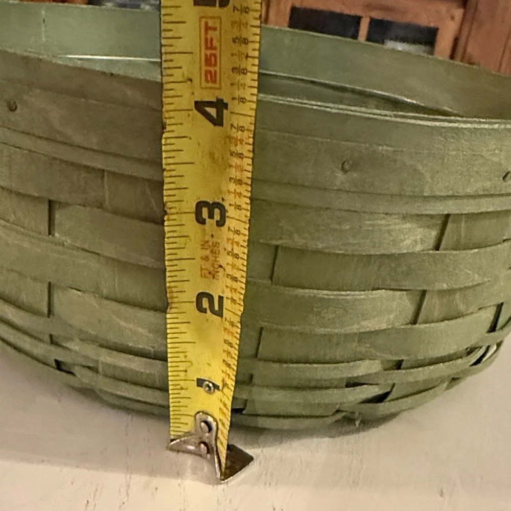 Longaberger Green Woven Basket w/ Leather Handles and Plastic Liner signed